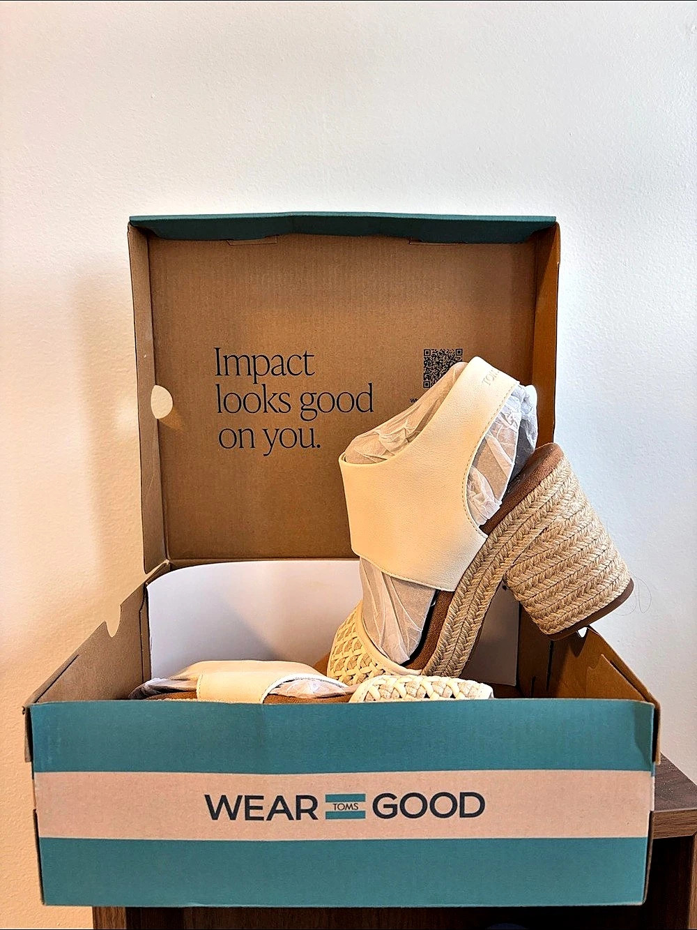 TOMS Woven Espadrille Wedge Sandals in Cream & Brown